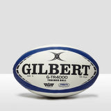 A rugby ball with the brand name Gilbert and product name Gilbert G-TR4000 Training Ball on it.