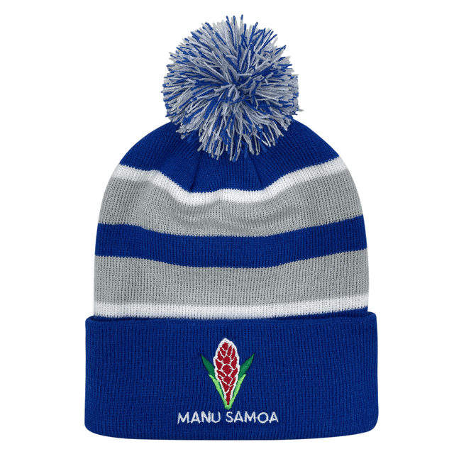 Royal blue, gray and white Manu Samoa beanie with pom pom atop.