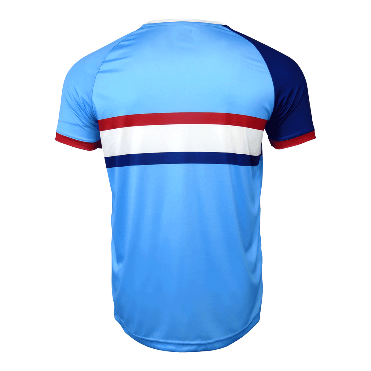 Back of Fiji light blue jersey. Right shoulder and sleeve in dark blue with red trim. Left shoulder and sleeve in light blue with red trim. Red, white and dark blue horizontal stripes in the center.