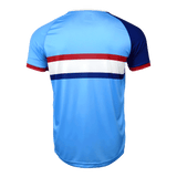 Back of Fiji light blue jersey. Right shoulder and sleeve in dark blue with red trim. Left shoulder and sleeve in light blue with red trim. Red, white and dark blue horizontal stripes in the center.