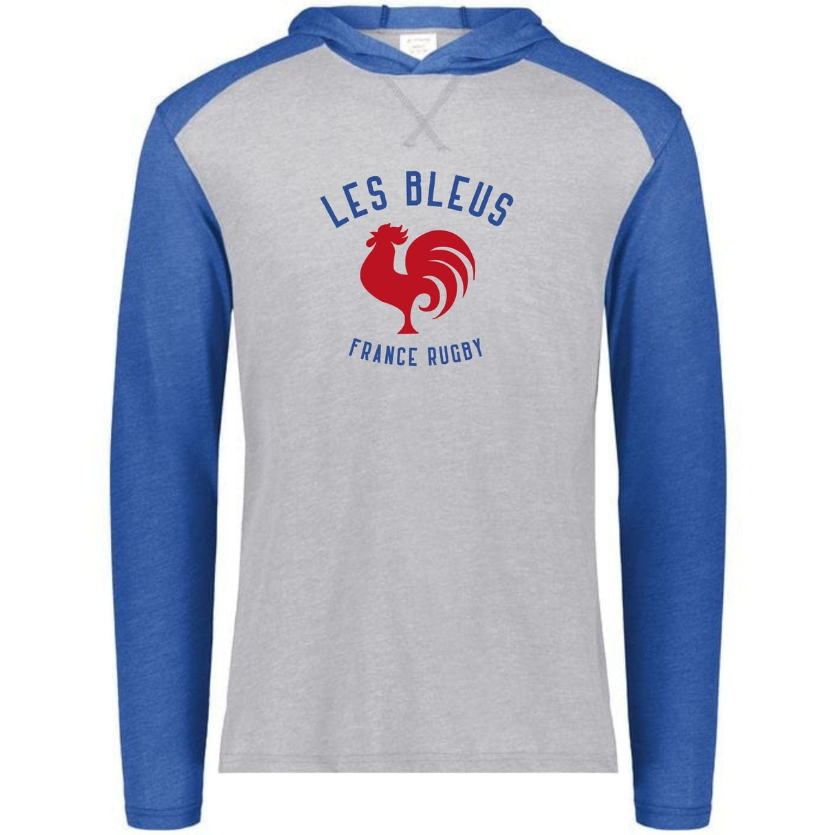 Hooded, long sleeve grey t-shirt with royal blue sleeves and hood and a royal and red Les Bleus France Rugby design featuring a rooster.