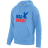 Light blue hoodie with drawstring, front pouch pocket, and a vintage USA Rugby blue and red logo that incorporates an Eagle and 'USA Rugby' inscription.