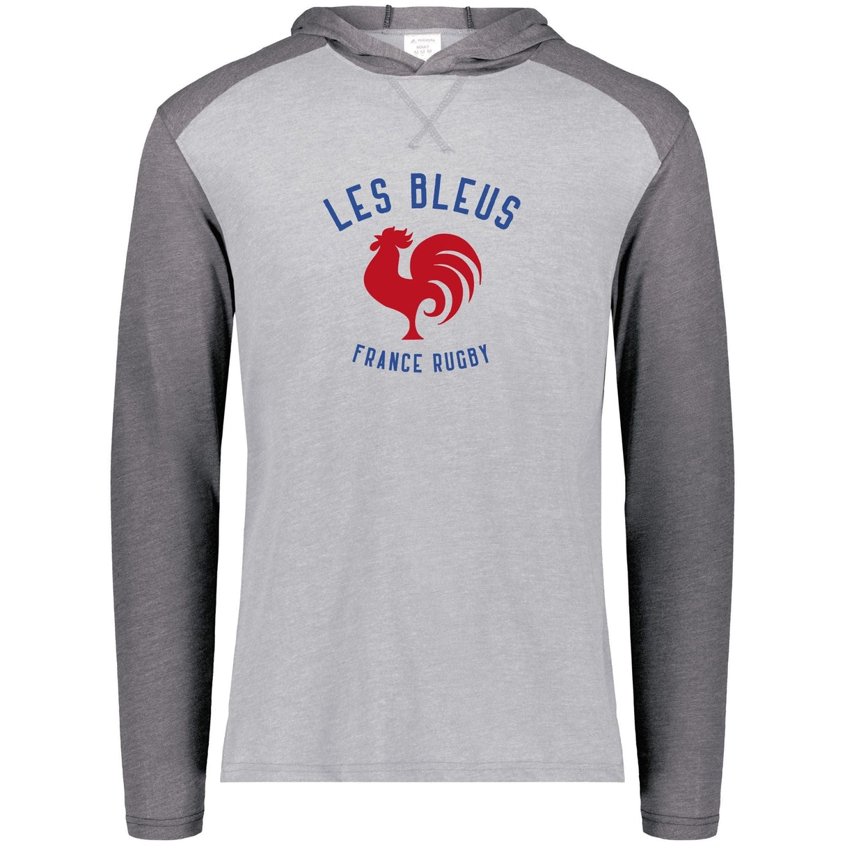 Hooded, long sleeve grey t-shirt with carbon grey sleeves and hood and a royal and red Les Bleus France Rugby design featuring a rooster.