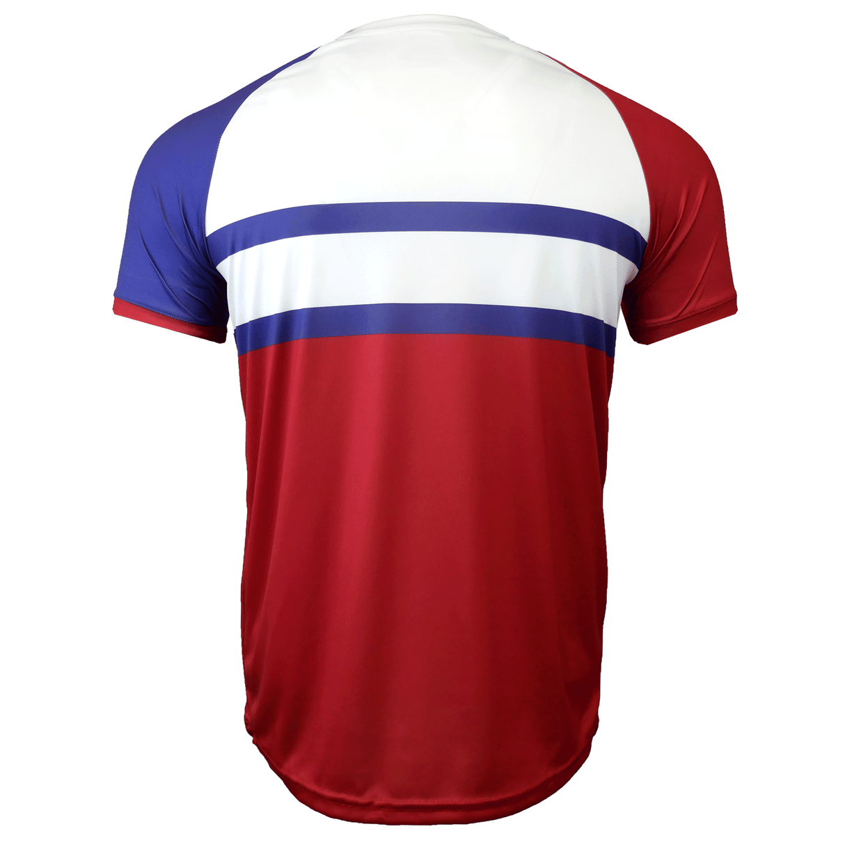 Back side of the round neck short sleeve United States jersey. White upper back, red right shoulder and sleeve with blue shoulder and sleeve trimmed in red. Two blue horizontal stripes run across the mid section with a red lower torso.