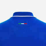 The back of a blue Italy FIR Home Polo 22/23 by Macron with the Italian flag on it.