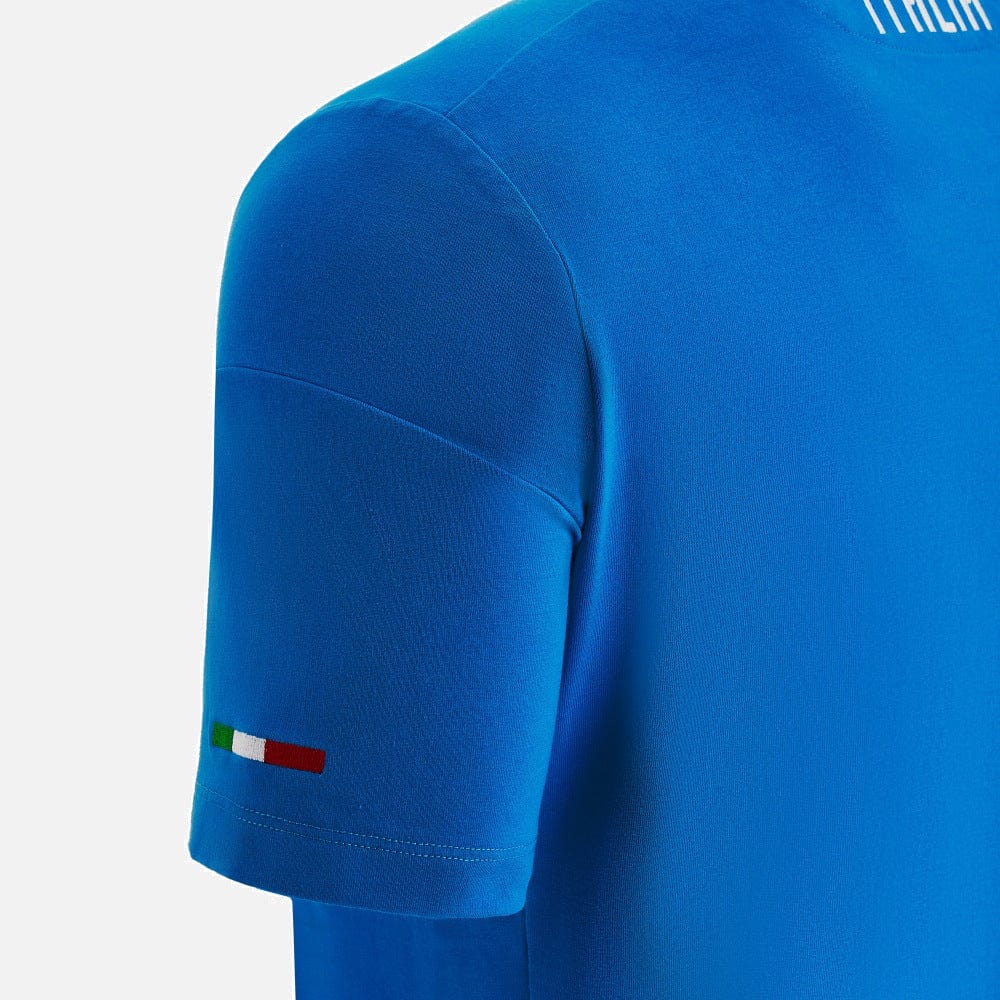 Macron Italia travel t-shirt blue sleeve detail with green white red flag colors in a line