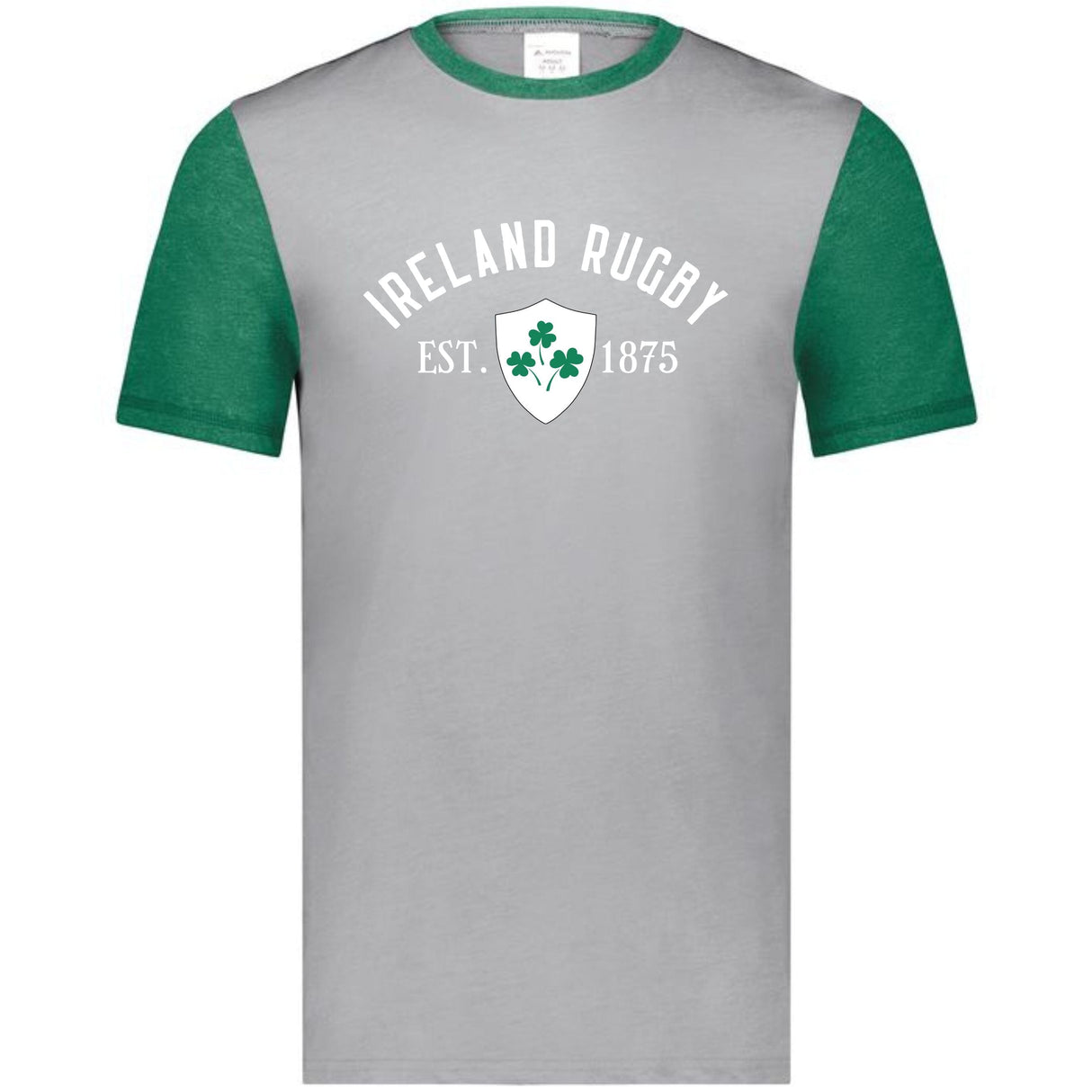 Grey ringer tee with green collar and sleeves and a white 'Ireland Rugby Est 1875' design on front.