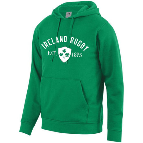 Green hoodie with white Ireland Rugby EST 1875 design with a shamrock crest center front.