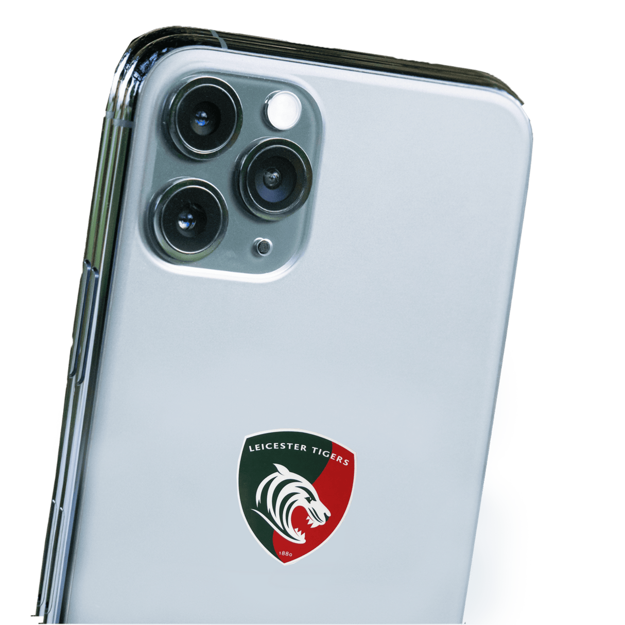 a white World Rugby Shop iPhone with a "Leicester Tigers Sticker Sheet - 26 Stickers" logo on it.