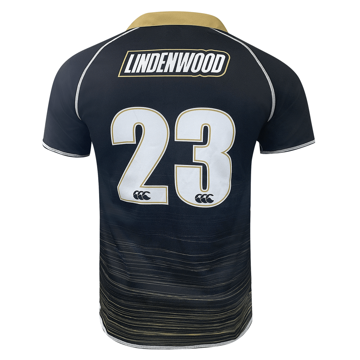 Back of black Lindenwood jersey with gold collar, white stitching from neck to under sleeves and on the sleeve edge. The number 23 with the CCC logo sits in the middle of the back of the jersey. 