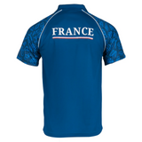 Back side of blue short sleeve polo with light blue graphic designs on shoulders and sleeves. Across the back is FRANCE.M  