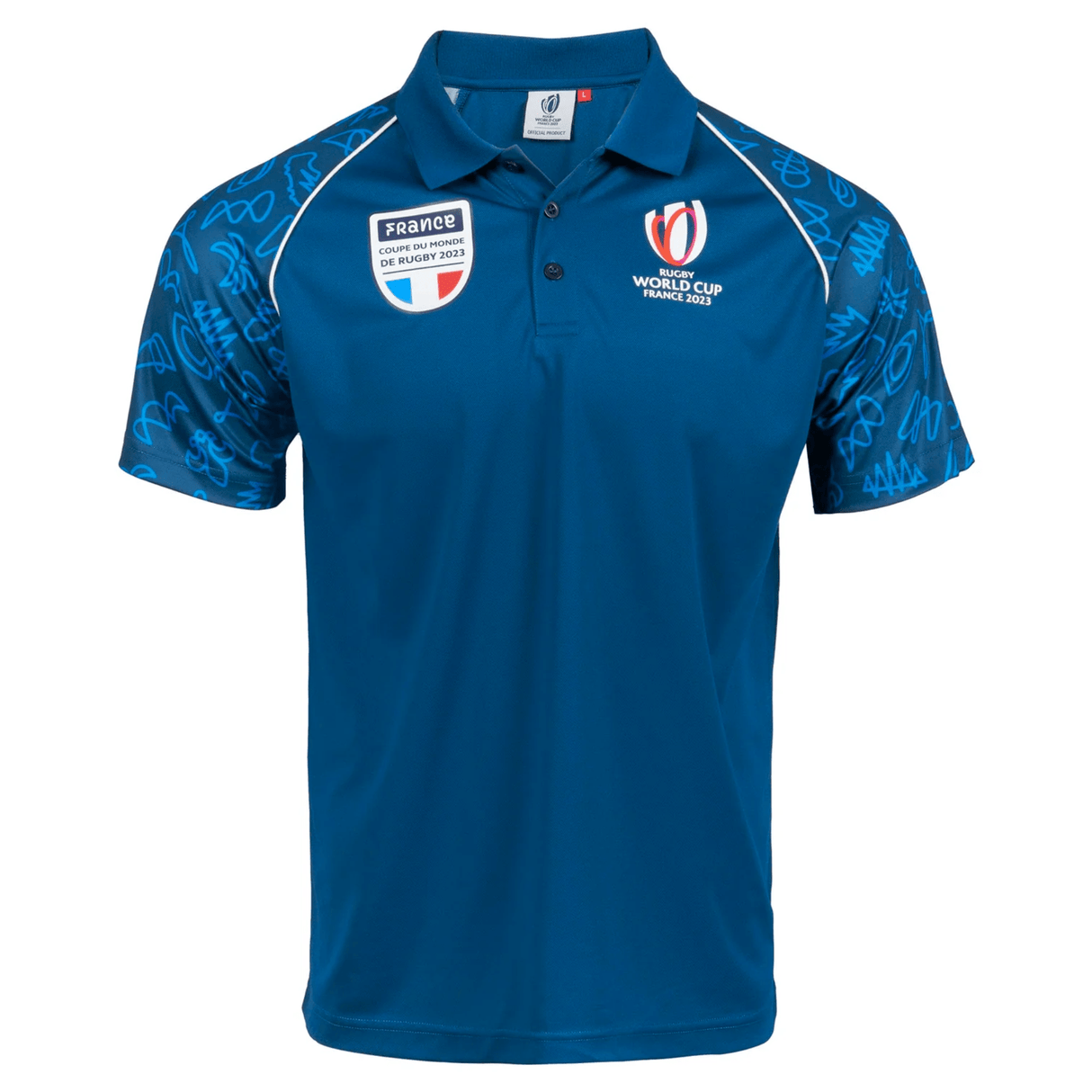 Blue three button notched collar short sleeve polo with light blue graphic designs on shoulder and sleeves. France Coupe du Monde de Rugby 2023 flag logo on upper right chest and RWC France 2023 on upper left chest.