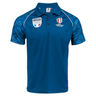 Blue three button notched collar short sleeve polo with light blue graphic designs on shoulder and sleeves. France Coupe du Monde de Rugby 2023 flag logo on upper right chest and RWC France 2023 on upper left chest.