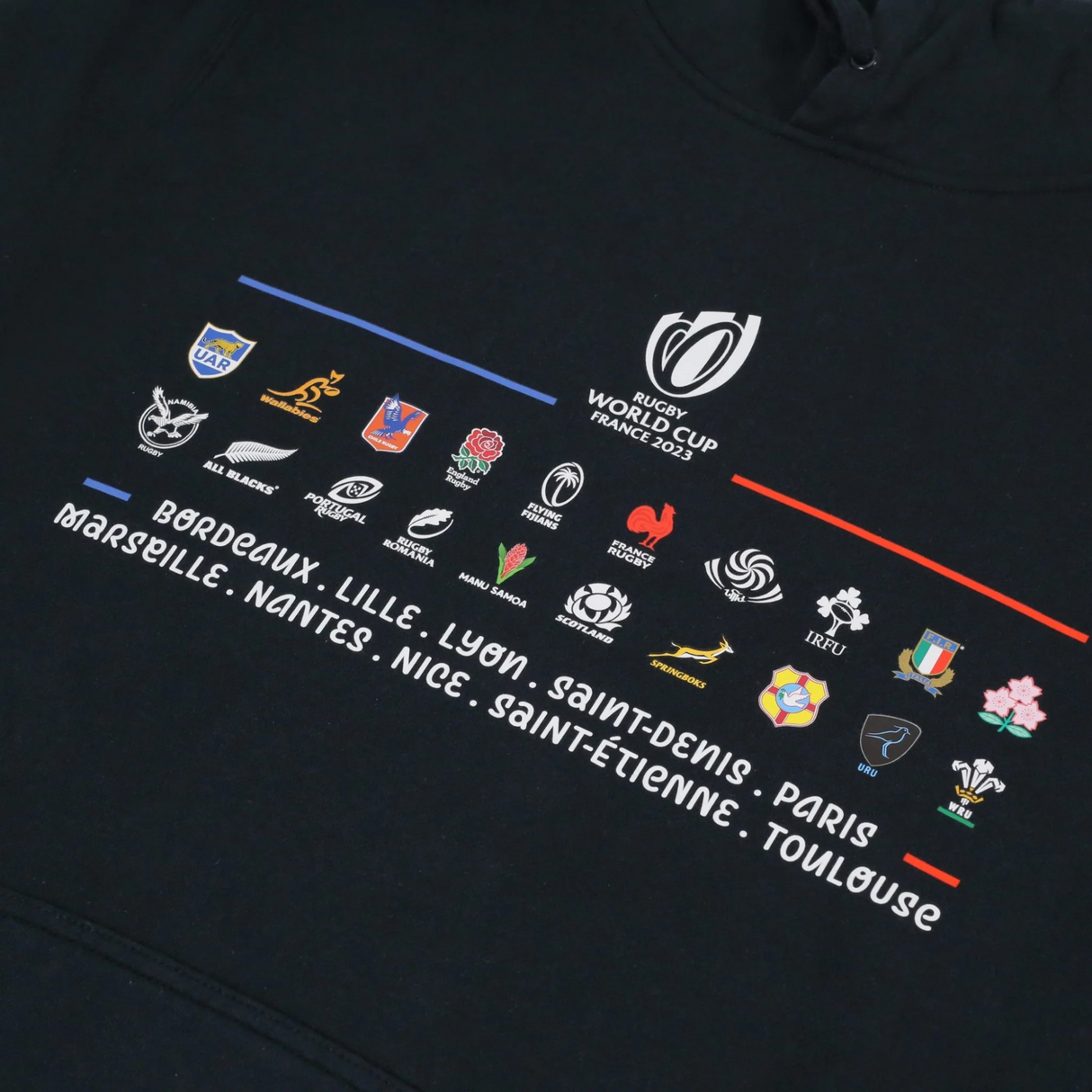 A Rugby World Cup 23 '20 Unions Stacked' Hoodie by Sportfolio, with many different symbols on it.