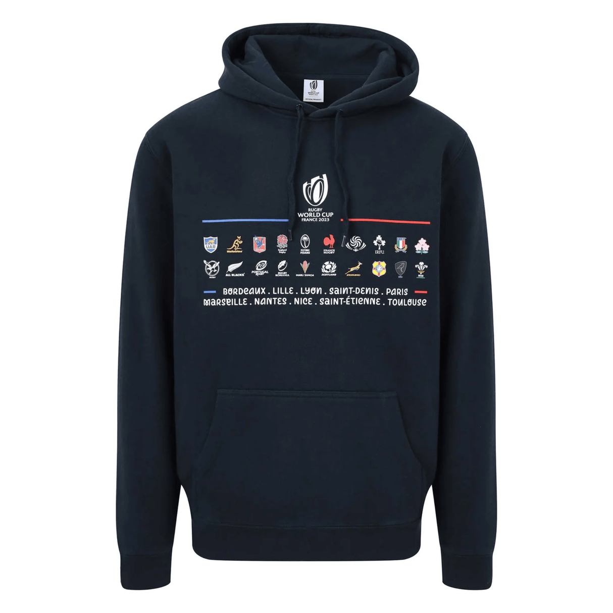 A Rugby World Cup 23 '20 Unions Stacked' Hoodie by Sportfolio with a red, white and blue logo on it.