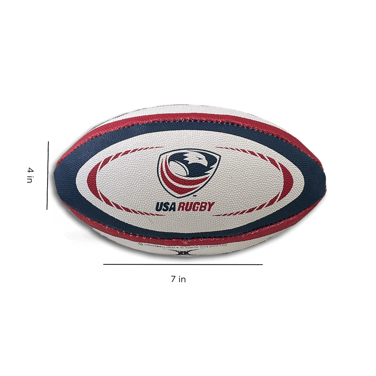 A USA Rugby Replica Mini Ball by Gilbert showcases the iconic red, white, and blue colors of USA Rugby. This officially branded Gilbert product measures 7 inches in length and 4 inches in height, making it an ideal piece of memorabilia to show your support for the Eagles.