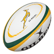 Springboks South Africa Rugby Replica ball in white, golden yellow and green with the Springbok logo in the center and large black Gilbert logo on another side