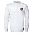 White collared long sleeve quarter buttoned cotton shirt with original USA Rugby logo on left upper chest and Rugby Originals black label sewn on lower left side. Rugby Originals is embroidered in black in the back of the collar.