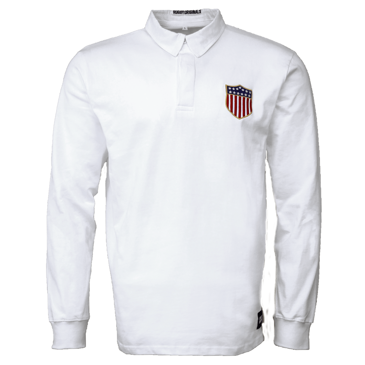 White collared long sleeve quarter buttoned cotton shirt with original USA Rugby logo on left upper chest and Rugby Originals black label sewn on lower left side. Rugby Originals is embroidered in black in the back of the collar.