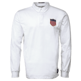 White collared long sleeve quarter buttoned cotton shirt with original USA Rugby logo on left upper chest and Rugby Originals black label sewn on lower left side. Rugby Originals is embroidered in black in the back of the collar.