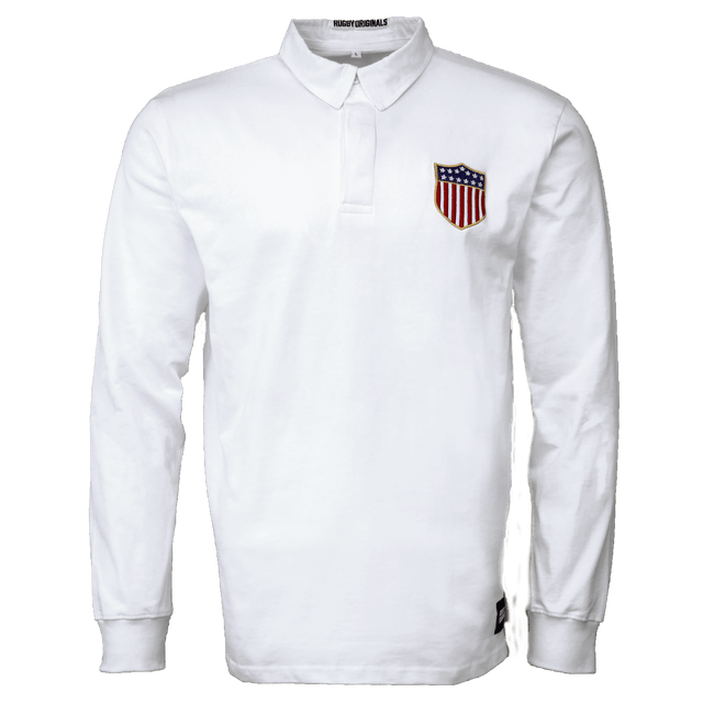 White collared long sleeve quarter buttoned cotton shirt with original USA Rugby logo on left upper chest and Rugby Originals black label sewn on lower left side. Rugby Originals is embroidered in black in the back of the collar.