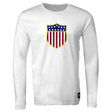 White round neck long sleeve cotton t-shirt with USA Rugby Vintage logo with blue and white stars and red white stripes below. The logo is trimmed in yellow and the lower left side has a Rugby Originals tag sewn on. 