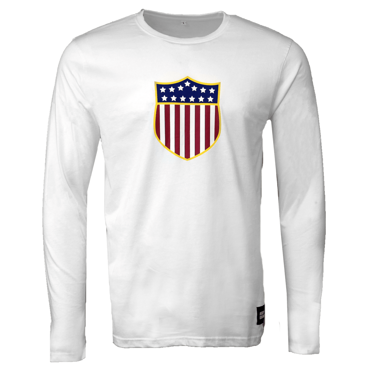 White round neck long sleeve cotton t-shirt with USA Rugby Vintage logo with blue and white stars and red white stripes below. The logo is trimmed in yellow and the lower left side has a Rugby Originals tag sewn on. 