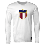 White round neck long sleeve cotton t-shirt with USA Rugby Vintage logo with blue and white stars and red white stripes below. The logo is trimmed in yellow and the lower left side has a Rugby Originals tag sewn on. 