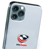 An iPhone case with the USA Rugby Sticker Sheet - 19 Stickers from World Rugby Shop on it.