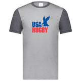 Grey ringer t-shirt with dark grey collar and sleeves and a vintage USA Rugby blue and red logo that incorporates an Eagle and 'USA Rugby' inscription.