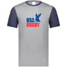 Grey ringer t-shirt with navy collar and sleeves and a vintage USA Rugby blue and red logo that incorporates an Eagle and 'USA Rugby' inscription.