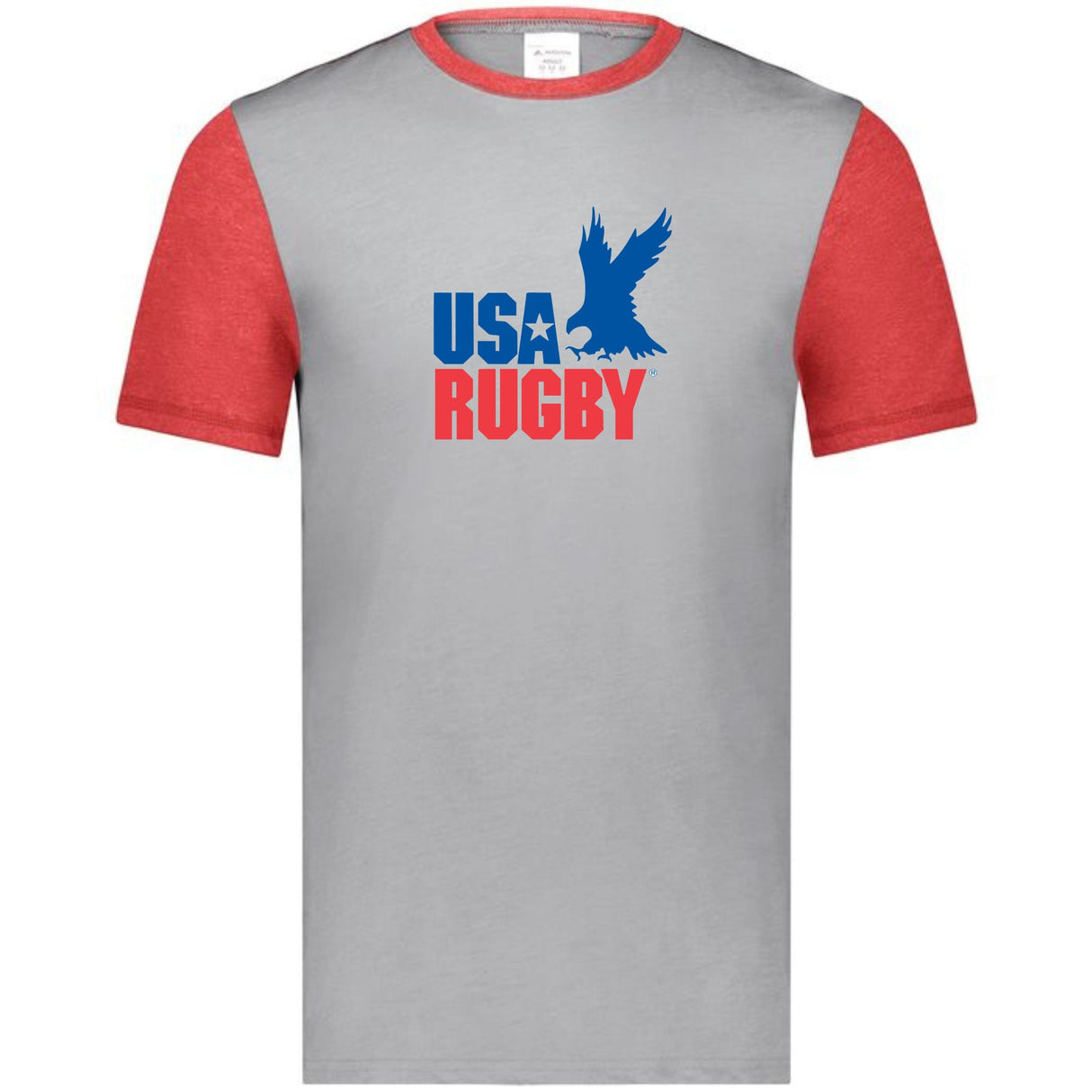 Grey ringer t-shirt with red collar and sleeves and a vintage USA Rugby blue and red logo that incorporates an Eagle and 'USA Rugby' inscription.