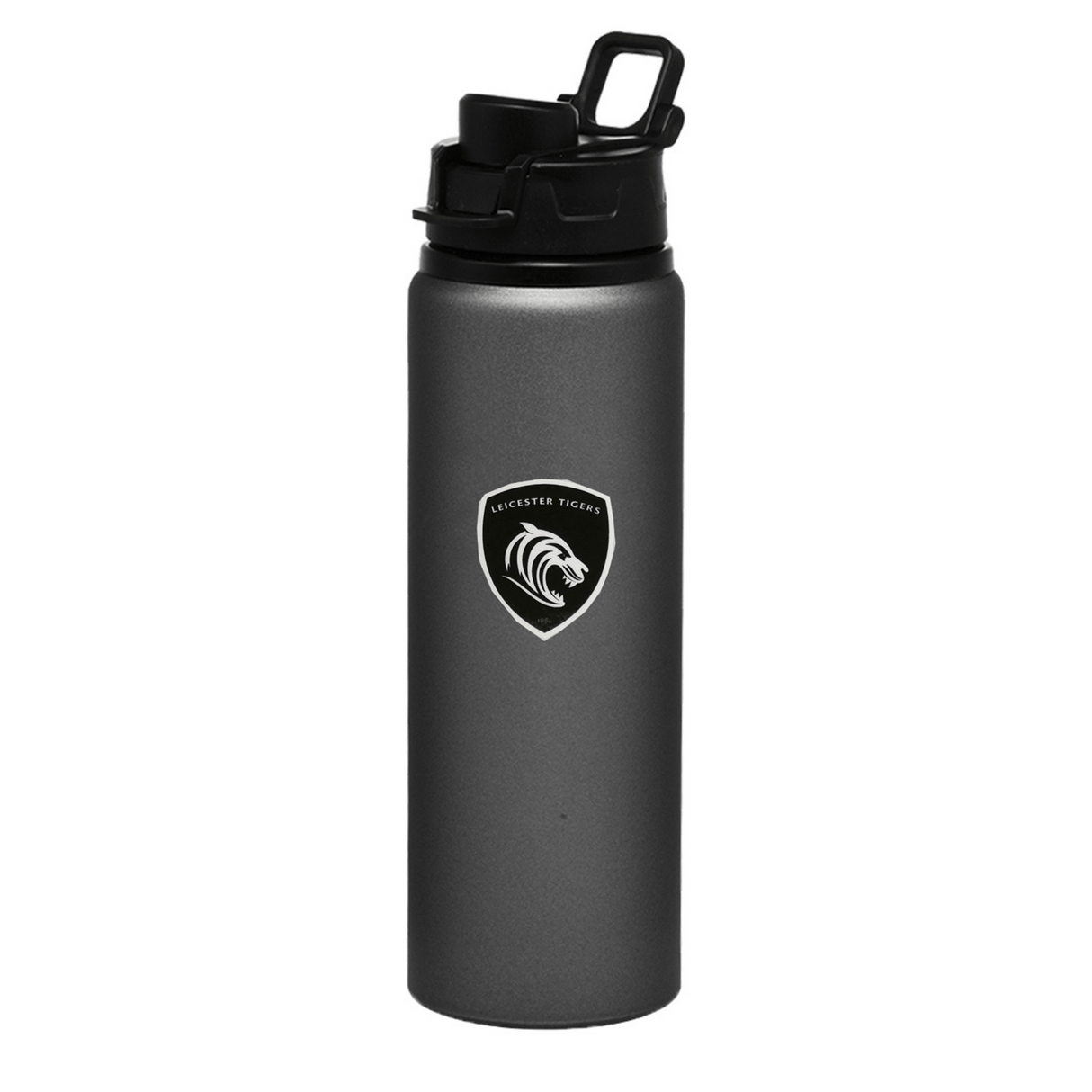 a black Leicester Tigers Sticker Sheet - 26 Stickers water bottle with a logo on it from World Rugby Shop.