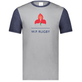 Ringer t-shirt featuring navy sleeves, a navy crewneck collar, and a WP Rugby logo with red flower and navy WP Rugby inscription center front.