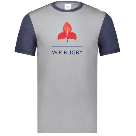 Ringer t-shirt featuring navy sleeves, a navy crewneck collar, and a WP Rugby logo with red flower and navy WP Rugby inscription center front.