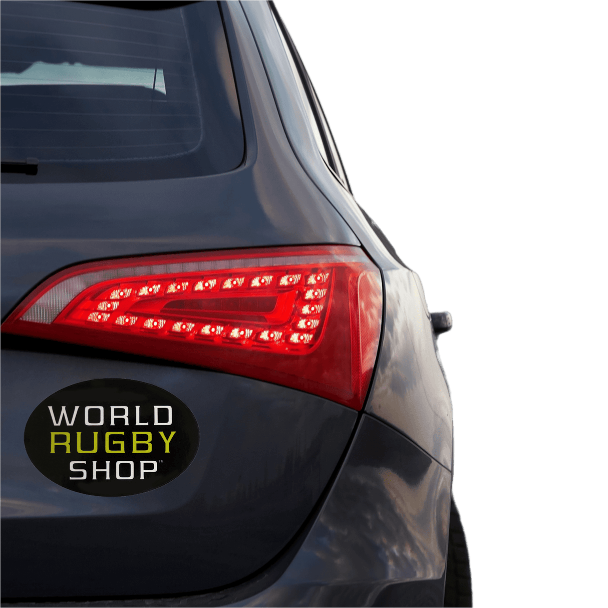 Rear view of a dark gray car featuring led taillights and a "World Rugby Shop Sticker Sheet - 19 Stickers", isolated on a green background.