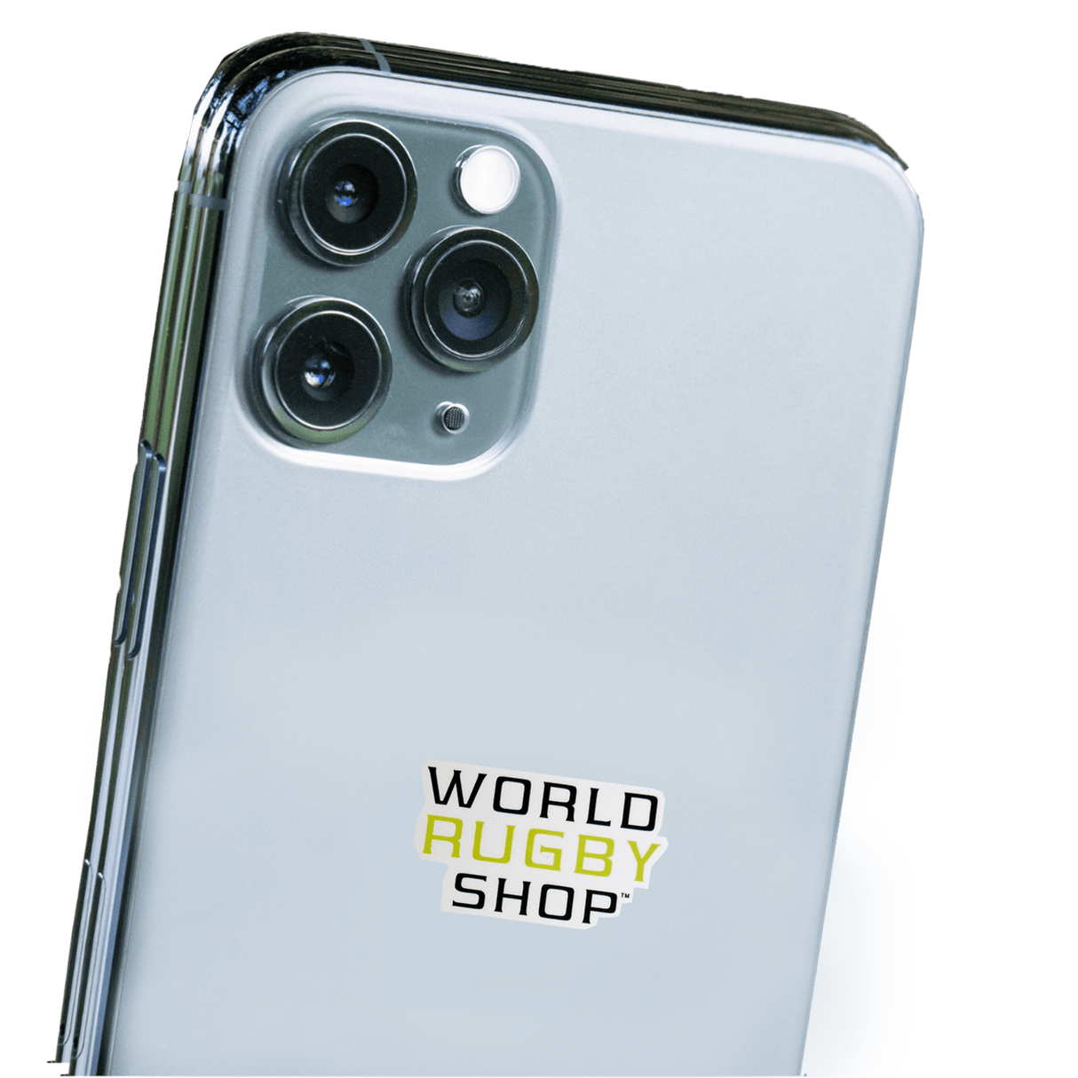 Close-up of a transparent phone case on a smartphone with three camera lenses, featuring waterproof "World Rugby Shop Sticker Sheet - 19 Stickers" stickers by World Rugby Shop.