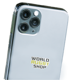 Close-up of a transparent phone case on a smartphone with three camera lenses, featuring waterproof "World Rugby Shop Sticker Sheet - 19 Stickers" stickers by World Rugby Shop.