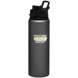 A tall, gray World Rugby Shop Sticker Sheet - 19 Stickers water bottle with a flip-top lid and a carabiner clip.