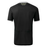 Black poly short sleeve jersey with white collar and sleeve trim. World Rugby Shop under collar in center between the black stitched lines that run across the shoulders and back.