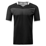 Black short sleeve poly jersey with V-neck and white collar and cuffs. Seven white lines run across the upper chest.  