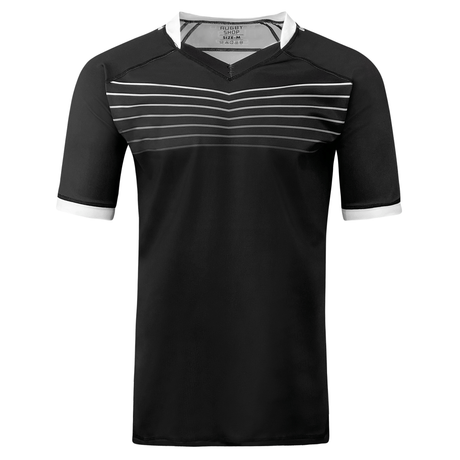 Black short sleeve poly jersey with V-neck and white collar and cuffs. Seven white lines run across the upper chest.  