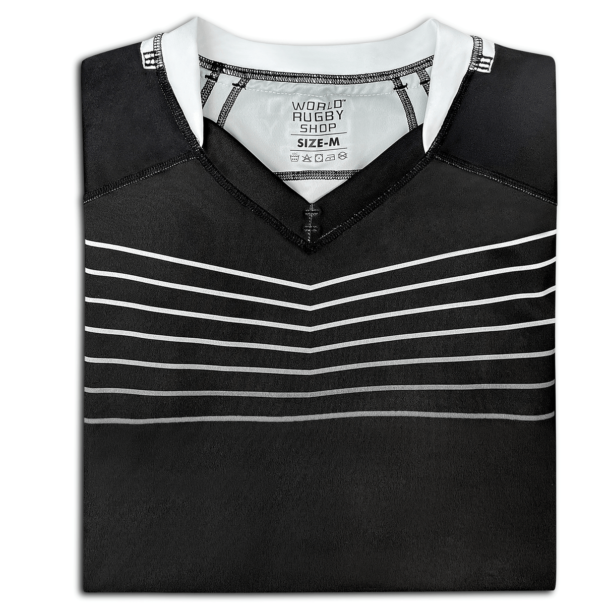 Black V-Neck jersey with white neck collar and seven white lines across the upper chest.