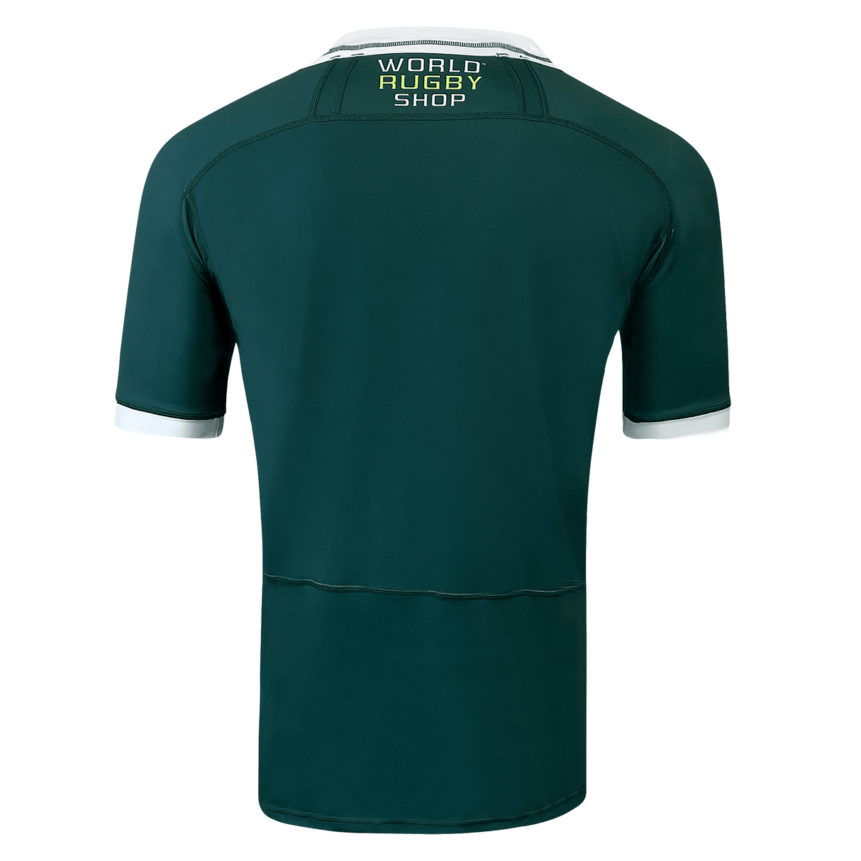 Green poly short sleeve jersey with white collar and sleeve trim. World Rugby Shop under collar in center between the black stitched lines that run across the shoulders and back.