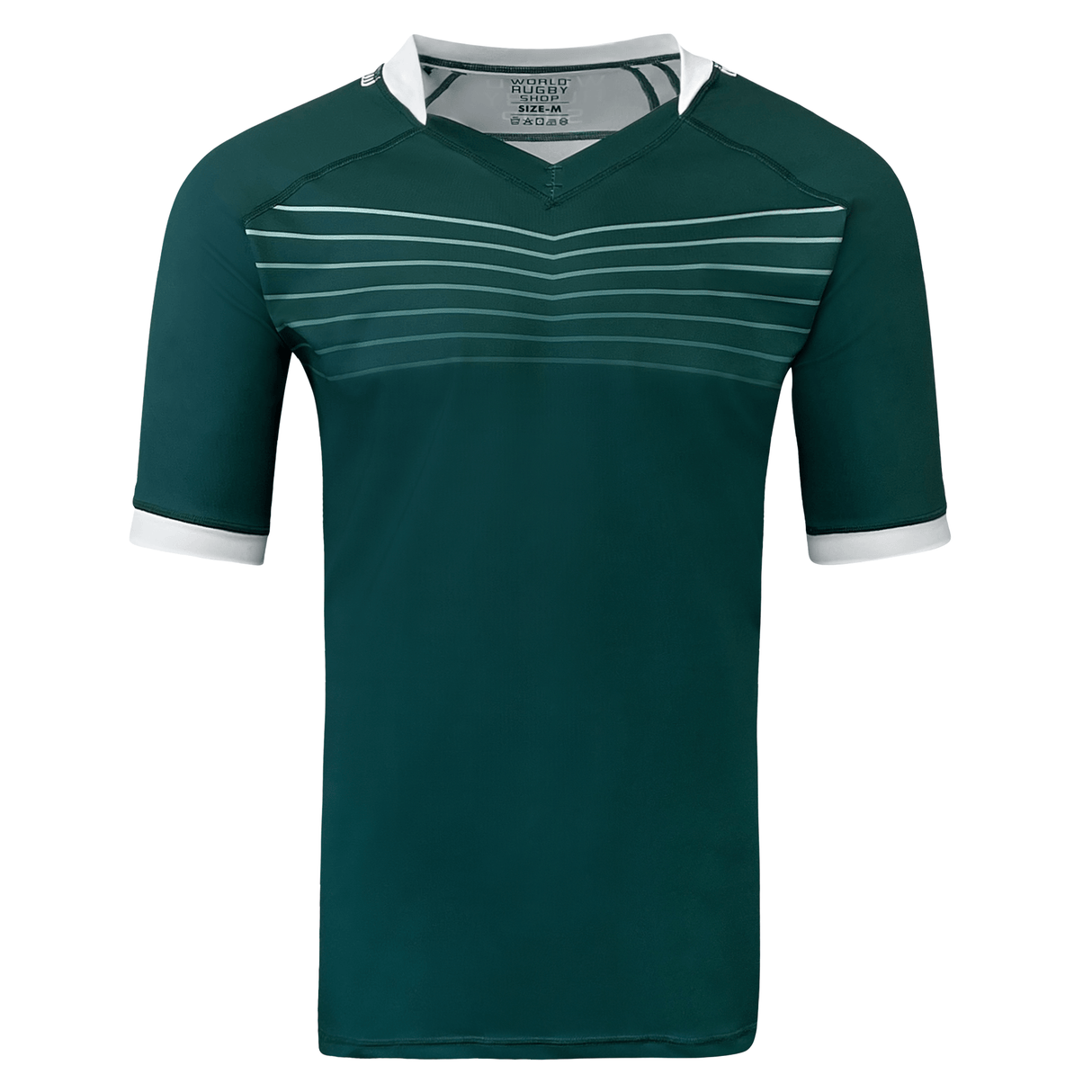 Green short sleeve poly jersey with V-neck and white collar and cuffs. Seven white lines run across the upper chest.  