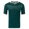 Green short sleeve poly jersey with V-neck and white collar and cuffs. Seven white lines run across the upper chest.  