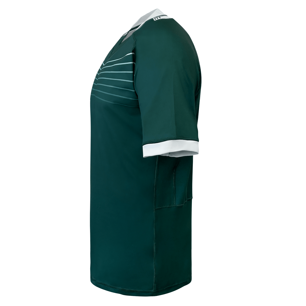 Side view of short sleeve poly green jersey. White collar and sleeve trim with green stitching down the side and across the back. The front upper chest has seven white lines that run across it.