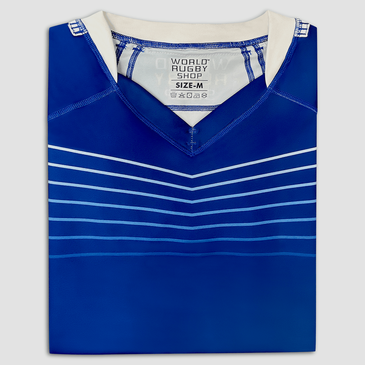 Navy V-Neck jersey with white neck collar and seven white lines across the upper chest.