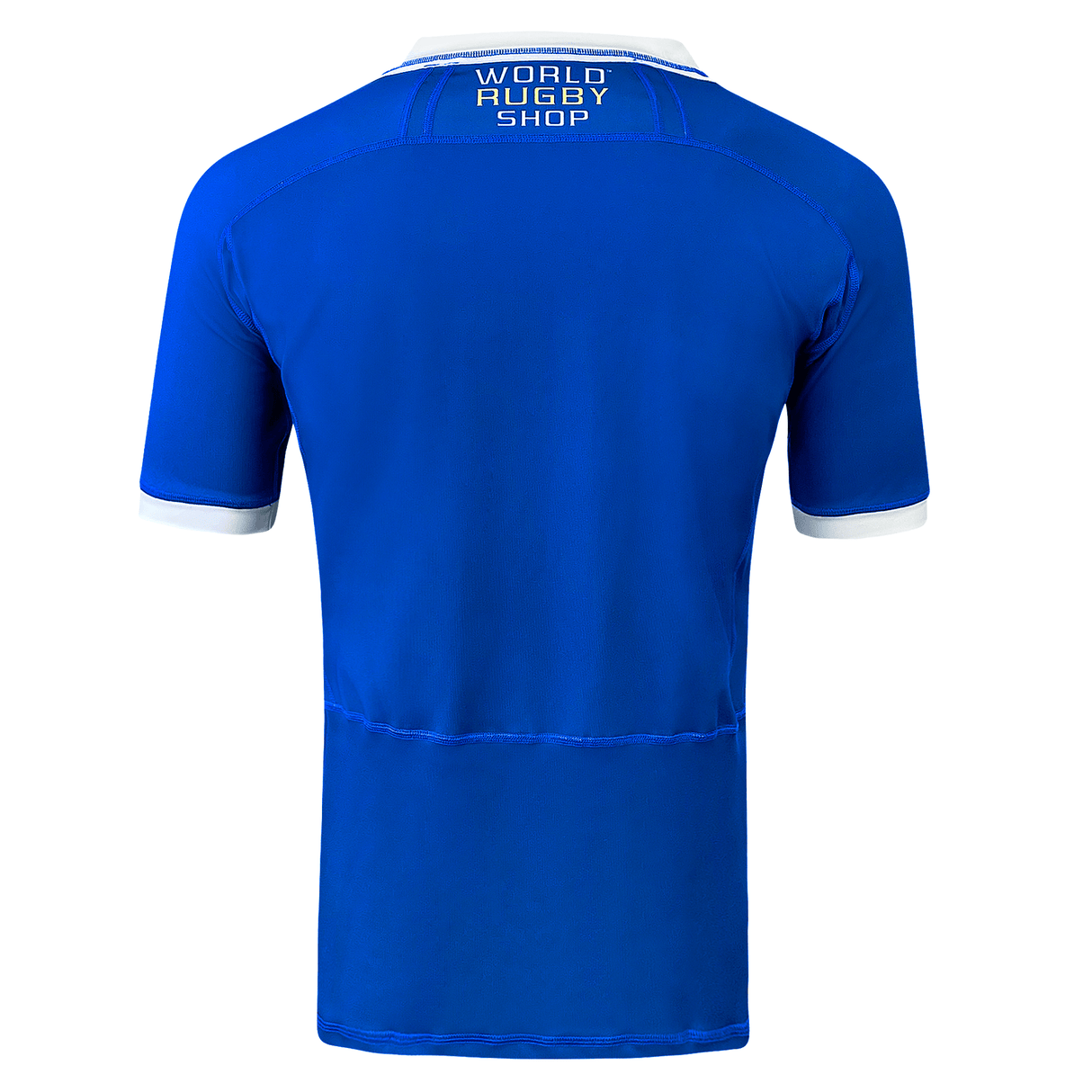 Royal poly short sleeve jersey with white collar and sleeve trim. World Rugby Shop under collar in center between the royal stitched lines that run across the shoulders and back.