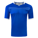 Royal short sleeve poly jersey with V-neck and white collar and cuffs. Seven white lines run across the upper chest.  